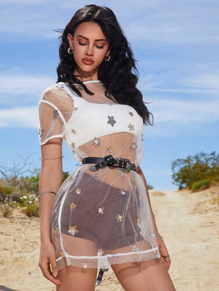 Women Star Sequin Mesh Beachwear Summer T-Shirt Top