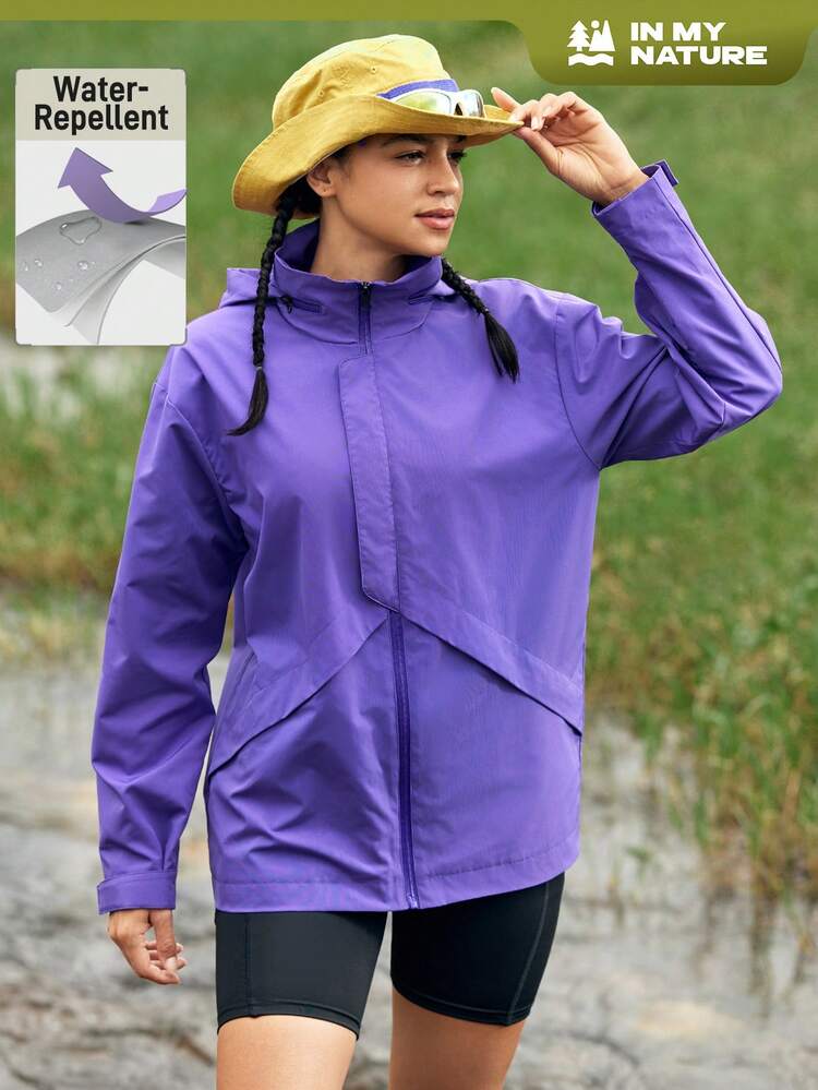 Ladies' Solid Drop Shoulder Long Sleeve Loose Hooded Outdoor Jacket