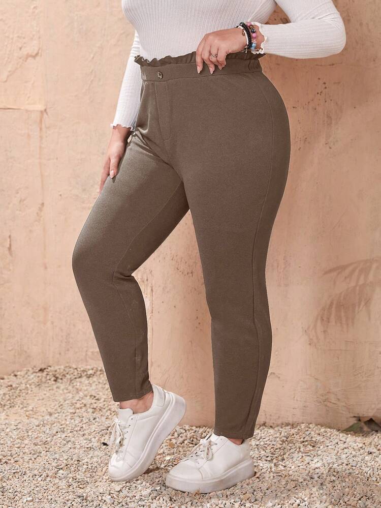 Plus Size Solid Color Single Button Ruffle Hem Casual Daily Pants