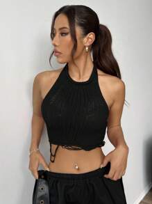 SHEIN EZwear 女款圓領無袖針織純色寬鬆日常休閒背心上衣，背部開叉和頸後掛脖設計 - 黑色 - 查看 6