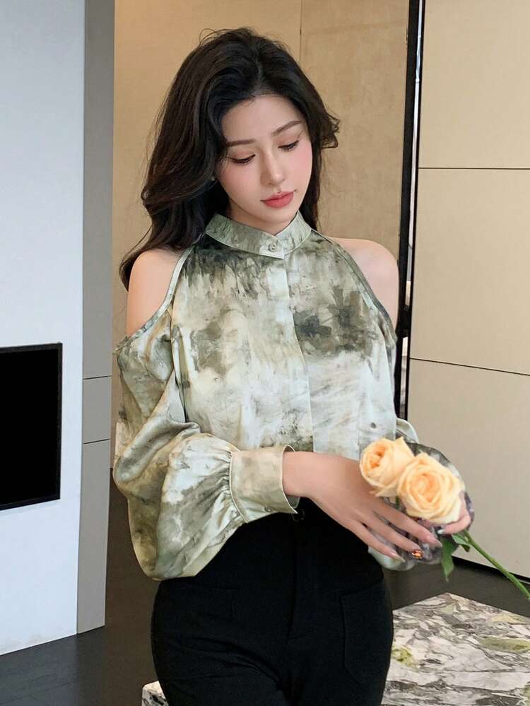 Tie-Dyed Cold Shoulder Stand Collar Shirt,Fall Clothes Long Sleeve Top Graphic Tee