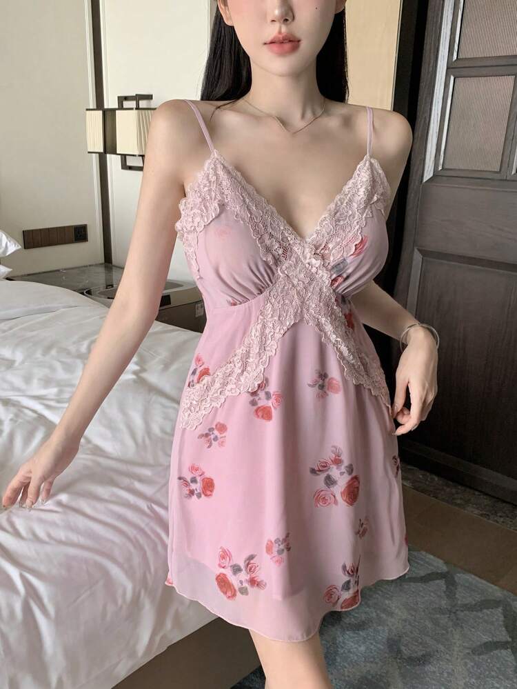 Summer Lace Patchwork Floral Printed Cami Slip Dress Pajama