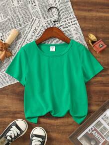 SHEIN Camiseta de manga corta de cuello redondo de color verde liso informal para niños pequeños, adecuada para verano