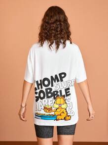 GARFIELD X SHEIN Women Casual Cartoon And Letter Printed Graphic Oversized Drop Shoulder White Summer T-Shirt With CHOMP SLURP GOBBLE NARFGULP Pattern, Unisex