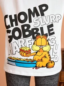 GARFIELD X SHEIN Women Casual Cartoon And Letter Printed Graphic Oversized Drop Shoulder White Summer T-Shirt With CHOMP SLURP GOBBLE NARFGULP Pattern, Unisex