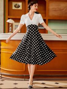 Vintamour Vestido elegante vintage de mujer, estampado de lunares en blanco y negro, camisa de cuello V, vestido trapecio de manga corta con parches, para invitada de boda, fiesta, verano, eventos, día del país, trabajo, recepción de boda, vestido de verano, vestido largo de una pieza, vestido de graduación - Blanco y Negro - Ver 6