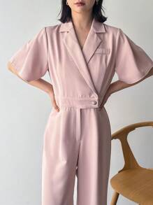 FRIFUL Women Solid Color Lapel Short Sleeve Casual Shirt With Wide Leg Jumpsuit For Summer - Pink - View 9