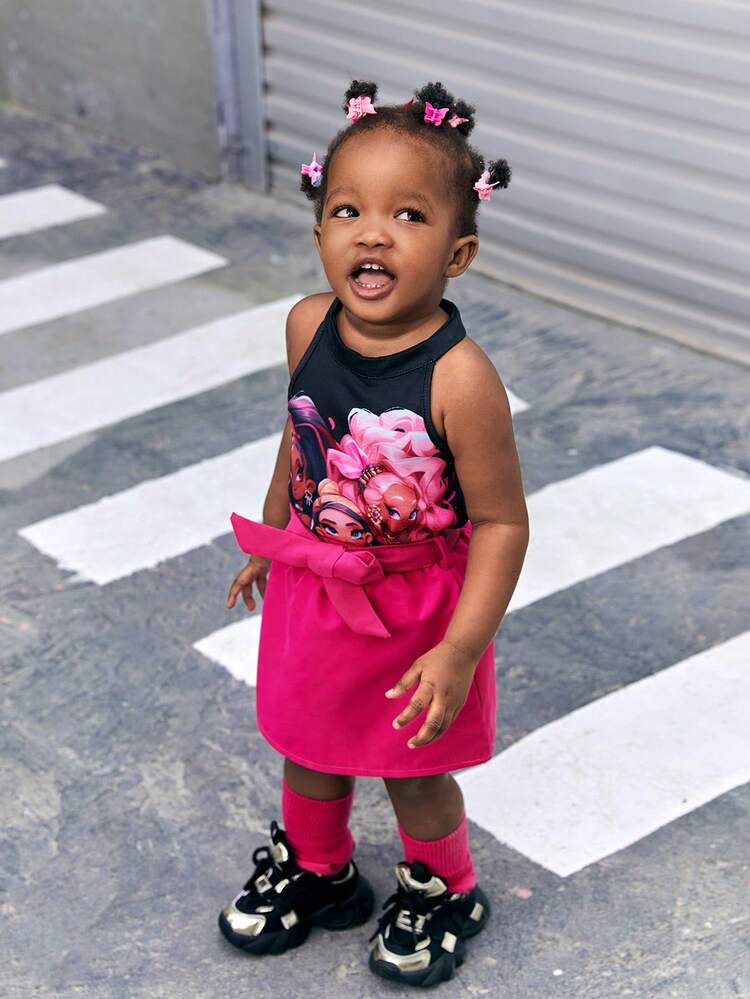 2pcs/Set Baby Girls' Portrait Printed Halter Top With Solid Color Skirt