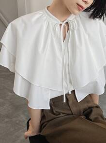 FRIFUL Women's Summer Casual Solid Color Tie Neck Ruffle Trim Blouse - Beige - View 8