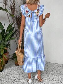 Breezaya Vestido lindo en línea A suelto de manga corta y cuello de tapeta tejido para mujer con cinturón de parches y estampado a rayas - Azul y blanco - Ver 8