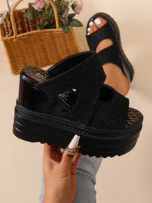 Women's Wedge Platform Sandals, 12cm Thick Soles Strap High Heel Waterproof Platform Summer Wedge Slippers, Black Open Toe Shoes