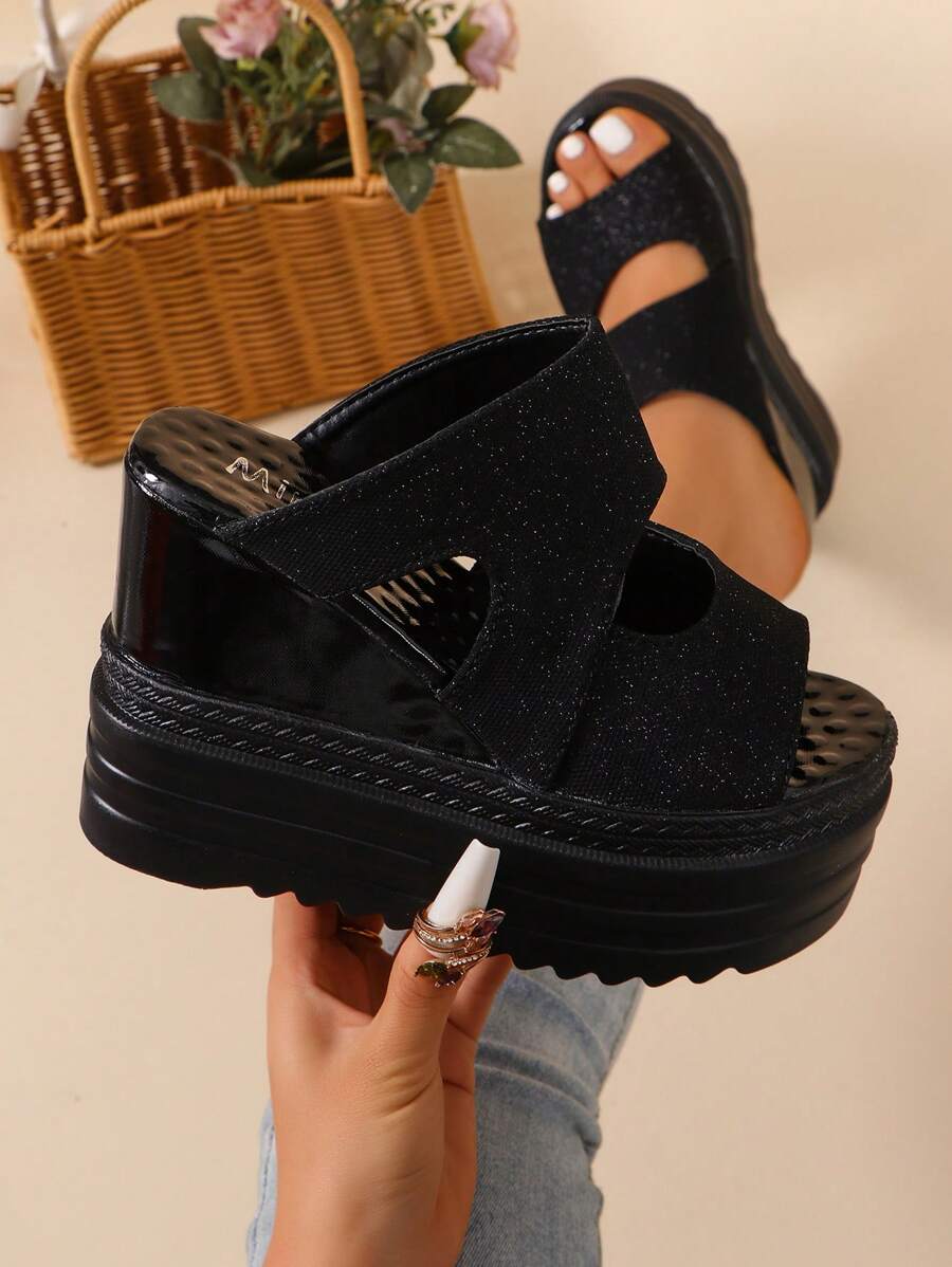 Women's Wedge Platform Sandals, 12cm Thick Soles Strap High Heel Waterproof Platform Summer Wedge Slippers, Black Open Toe Shoes