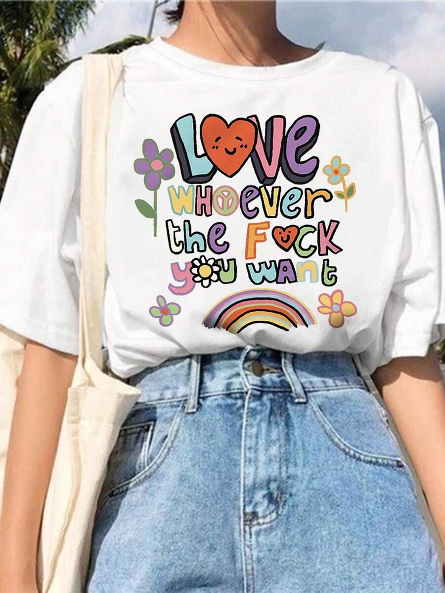 SHEIN EZwear 女士夏季口號花卉印花圓領短袖休閒T恤 - 白色 - 查看 1
