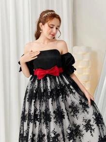 SHEIN Teen Girl Elegant Black And White Contrast With Red Bow Belt Sheer Embroidery Knit Strap Dress