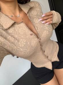 DAZY 女士修身长袖翻领 T 恤外出上衣、秋季服装、返校服装 - 卡其色 - 查看 6