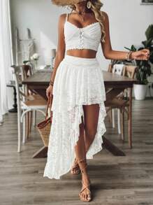 Breezaya Women Holiday Solid Color Lace High-Low Skort With Elegant Appearance