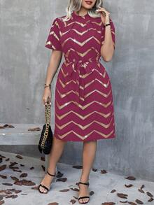 SHEIN Clasi Plus Size Geometric Print Waist Cinched Short Sleeve Summer Dress With Belt - Burgundy - View 7