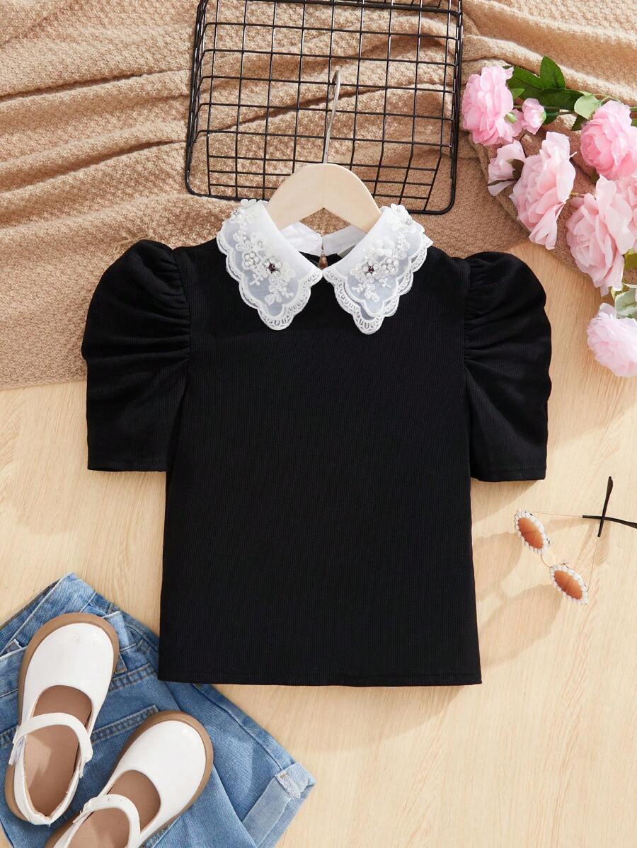 SHEIN Essnce 夏季休閒與通勤風格花綉修身t恤 - 黑與白 - 查看 1