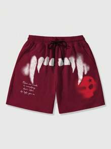 ROMWE MEN Goth Men's Skull Print Slogan Drawstring Waist Shorts, Suitable For Daily Wear In Spring And Summer - Red - View 1