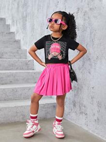 SHEIN Wildeya Conjunto De Duas Peças Com Estampa De Personagens Para Meninas (pequenas) De Manga Curta E Saia Plissada