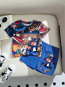 SHEIN 男嬰和女嬰休閒針織可愛卡通圖案短袖T恤和彈性腰短褲套裝，夏季適用 - 彩色 - 查看 3