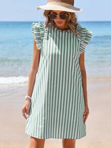 SHEIN VCAY Kỳ nghỉ Phụ nữ mùa hè sọc cổ tròn tay áo thẳng trang phục thường ngày - Nhiều màu - Xem 5
