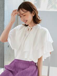 FRIFUL Women's Summer Casual Solid Color Tie Neck Ruffle Trim Blouse - Beige - View 4