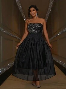 SHEIN Belle 大码女式夏季拼接亮片露肩优雅连衣裙，适合派对聚会超长女装 - 黑色 - 查看 4