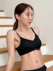 DAZY 简约条纹纹理蝴蝶结装饰文胸无钢圈，返校服 - 黑色 - 查看 4