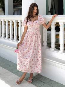 KARISMINA Holiday Women's Floral Print Puff Short Sleeve Dress,For Summer Vacation, Women Summer Clothing