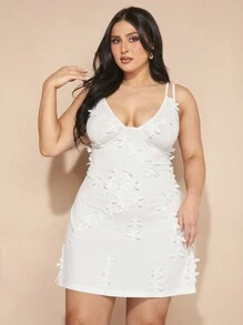 SHEIN BAE Plus Size Women's Sweet Summer A-Hem Floral Applique Spaghetti Strap White Short Dress - White - View 6