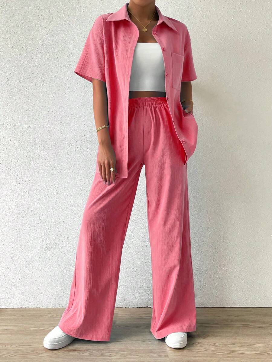 Chiquease Ladies' Summer Solid Color Drop-Shoulder Short Sleeve Casual Shirt And Loose Pants 2pcs Set - Watermelon Pink - View 1