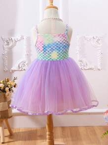 SHEIN Glamorique Kids Vestido de fiesta de princesa para niña con estilo de sirena, de malla y contraste