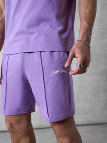 Forever 21 Men's T-Shirt And Shorts Two-Piece Set In Purple With New York Printed - Purple - View 2