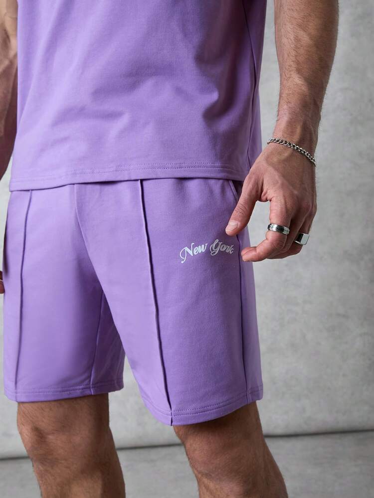 Men's T-Shirt And Shorts Two-Piece Set In Purple With New York Printed