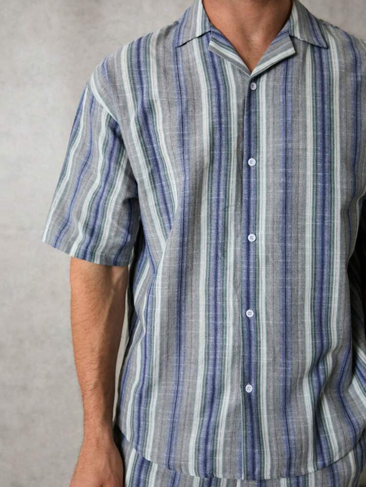 Men's Loose Blue Shirt And Shorts Two-Piece Set In Cotton Mix Stripe