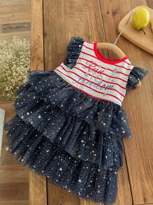 SHEIN Baby Girl Casual Soft Knit American Independence Day Letter & Stripe Patchwork Mesh Ruffle Sleeve Dress, Suitable For Party