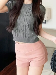 夏季新款宽松休闲百搭纯色短袖针织女式上衣 - 灰色 - 查看 3