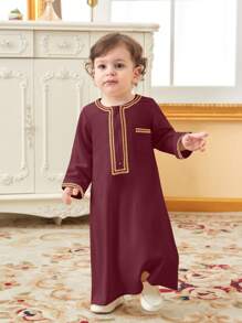 SHEIN Baby Boy Traditional Long Robe With Gold Trim Design And Open Front - Burgundy - View 1