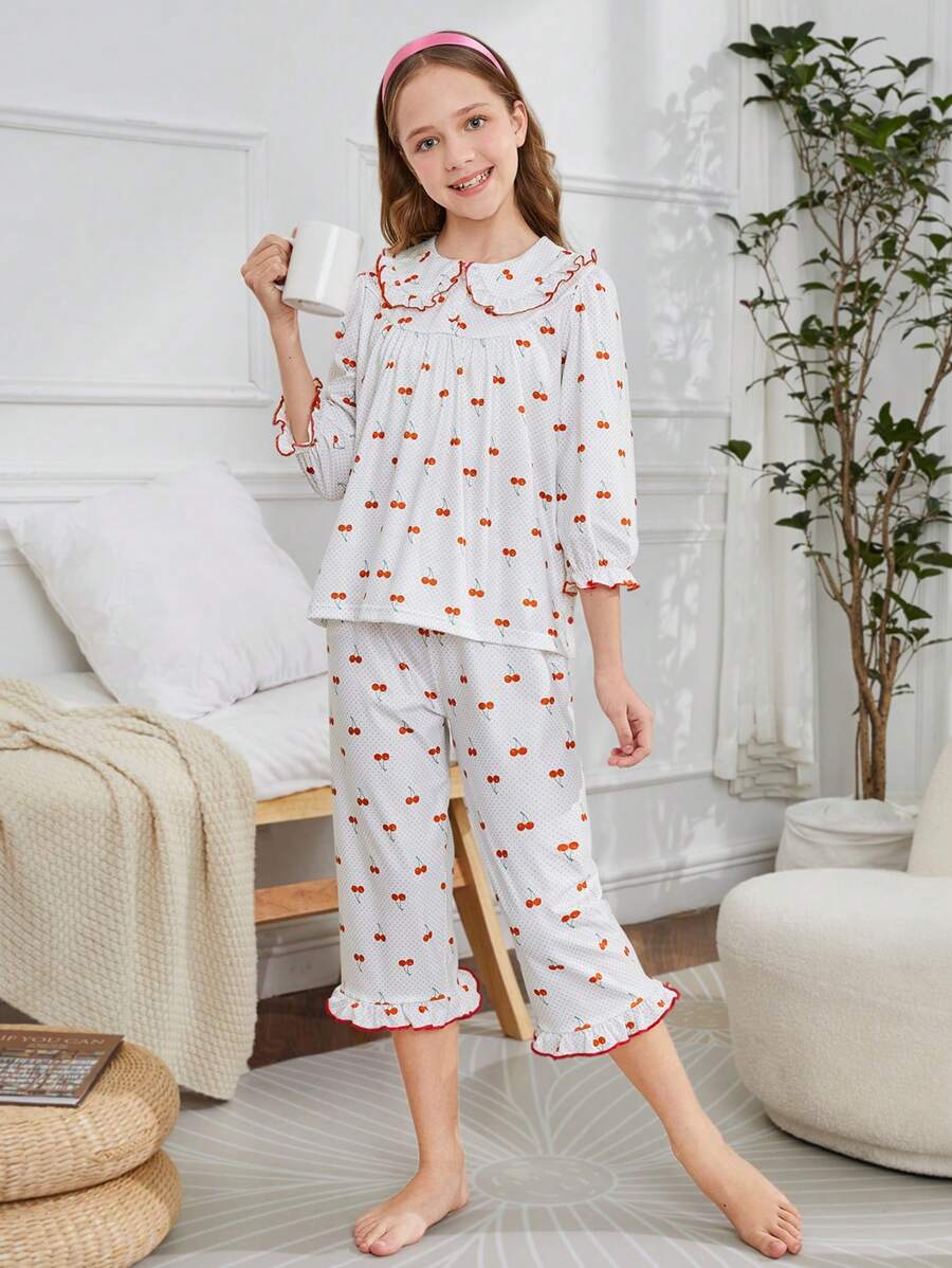 Tween Girl Cherry Allover Print Long Pants And Long Sleeve Top Casual Home Wear Set - White - View 1