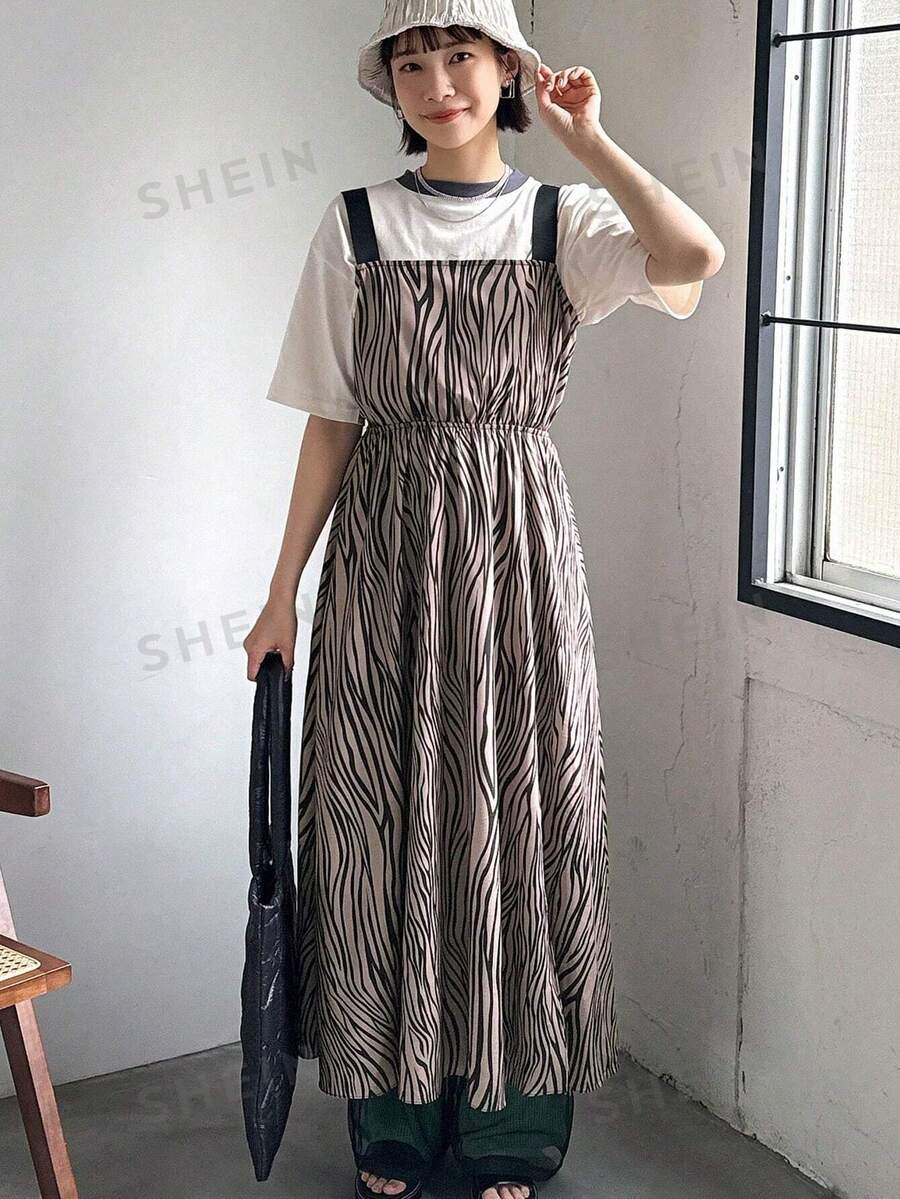 FRIFUL Vestido largo casual y suelto con tirantes de estampado de cebra para uso diario de verano para damas