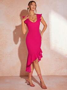 SHEIN BAE 粉紅色/玫瑰紅色性感深V領後交叉綁帶不對稱擺褶緊身連衣裙夏季裝，女士 - 玫紅色 - 查看 5