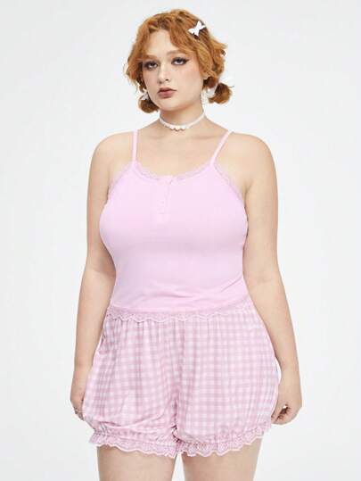 Kawaii Ensemble pyjama cami avec short en dentelle tricotée pour femmes de grande taille à patchwork floral et à carreaux