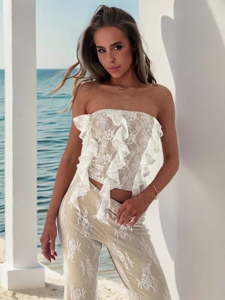 Women Full Lace Strapless Fitted Top With Multiple Layers Of Ruffle Trim Decoration