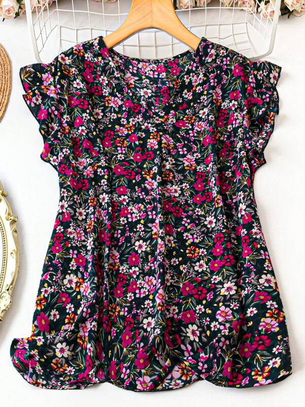 EMERY ROSE Plus Size Printed V-Neck Cap Sleeve Shirt, Casual Summer Clothing