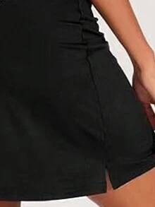 SHEIN Unity 女裝夏季休閒純色側開叉長裙 - 黑色 - 查看 3