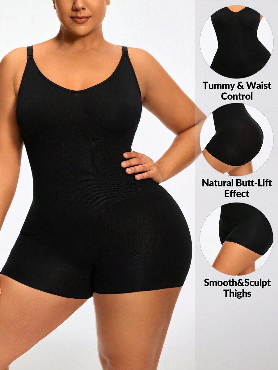 SHAPORA Women Simple Daily Solid Color Plus Size Jumpsuit Shapewear