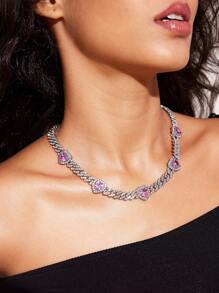 SHEIN X SAMADHI SHEIN ICON Collar con cadena de aleación en forma de corazón de estrás con circonia cúbica rosa