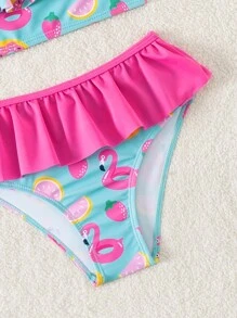 Young Girl Bowknot Swim Ring Printed Ruffle Bikini Set With Ruffled Bottoms Bikini Set Summer Beach - Multicolor - View 3