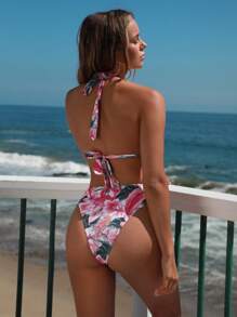 SHEIN Swim 女士花卉印花領口綁帶性感比基尼套裝，適用於度假 - 彩色 - 查看 2